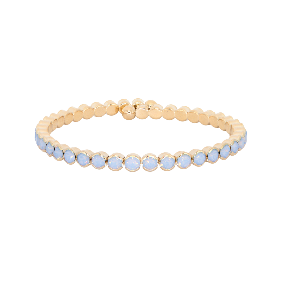 Blue Opal Statement Crystal Bangle Bracelet on white background — periwinkle blue Swarovski crystal, Sugar Bean Jewelry