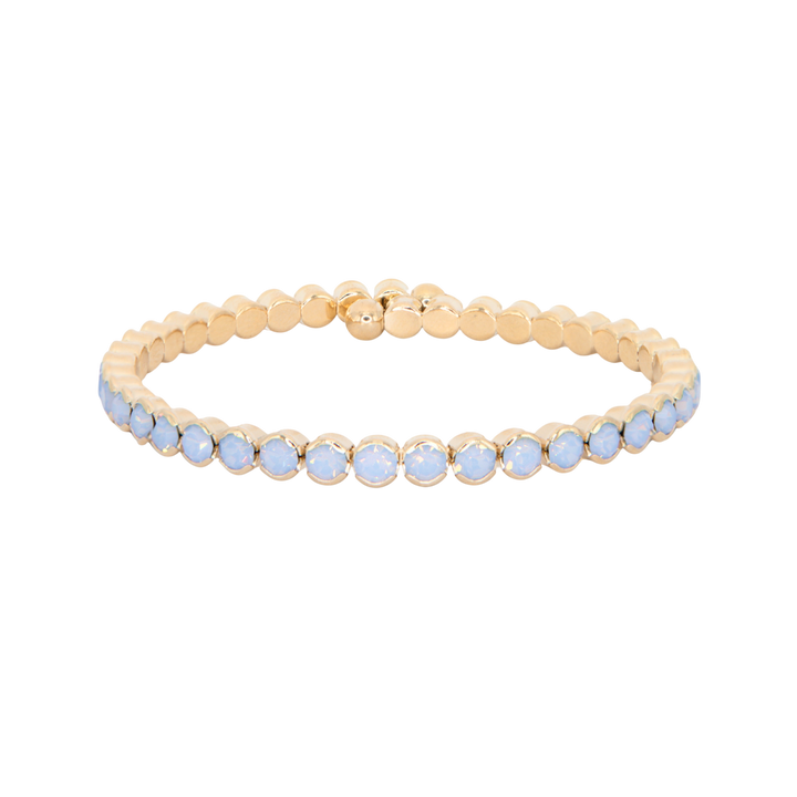Blue Opal Statement Crystal Bangle Bracelet on white background — periwinkle blue Swarovski crystal, Sugar Bean Jewelry