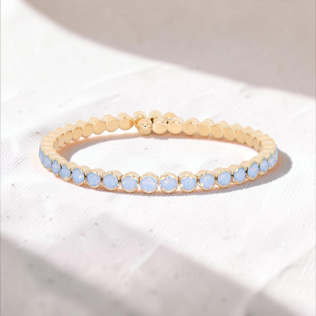 Blue Opal Statement Crystal Bangle Bracelet styled on natural linen, Sugar Bean Jewelry
