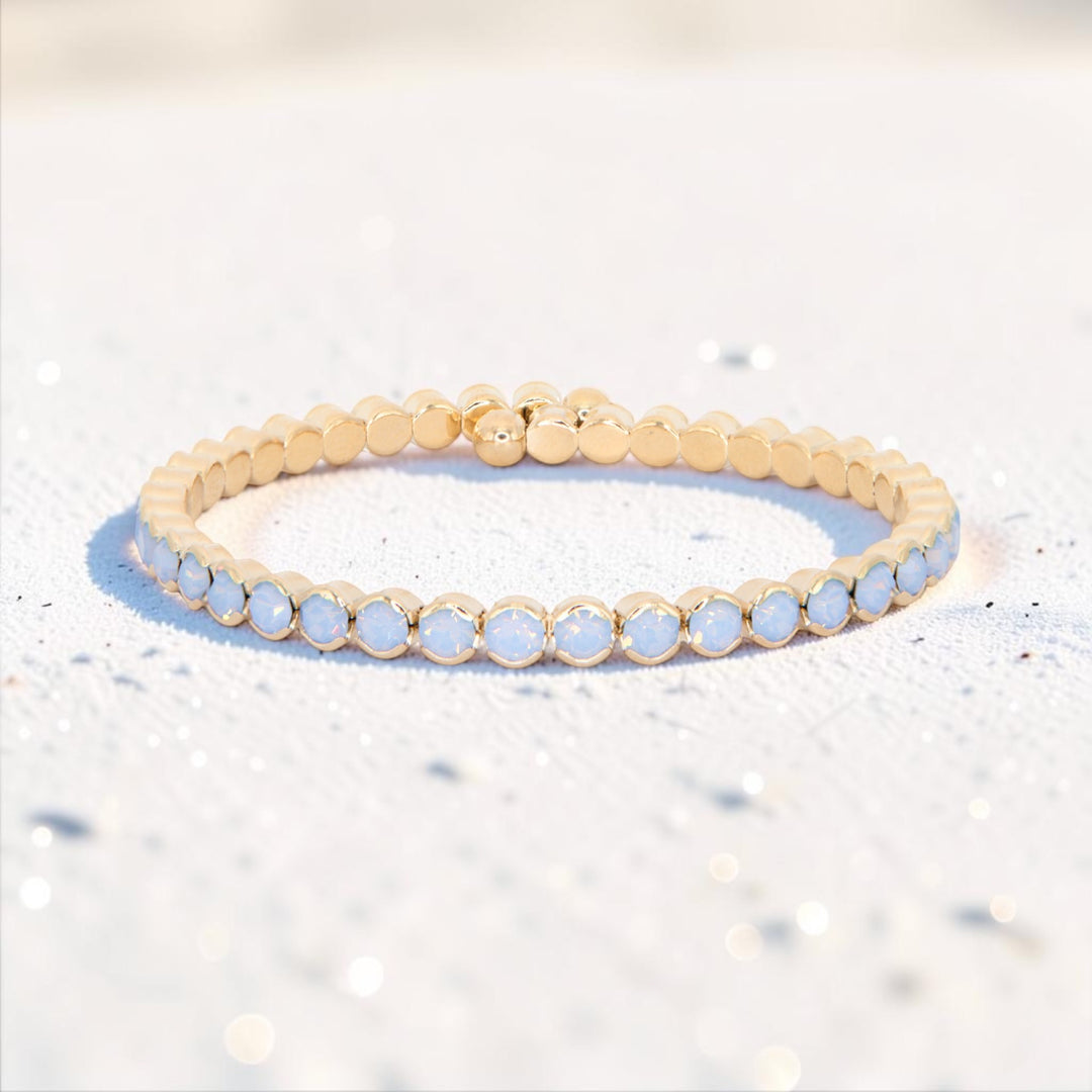 Blue Opal Statement Crystal Bangle Bracelet on sand, periwinkle blue crystal jewelry, Sugar Bean Jewelry