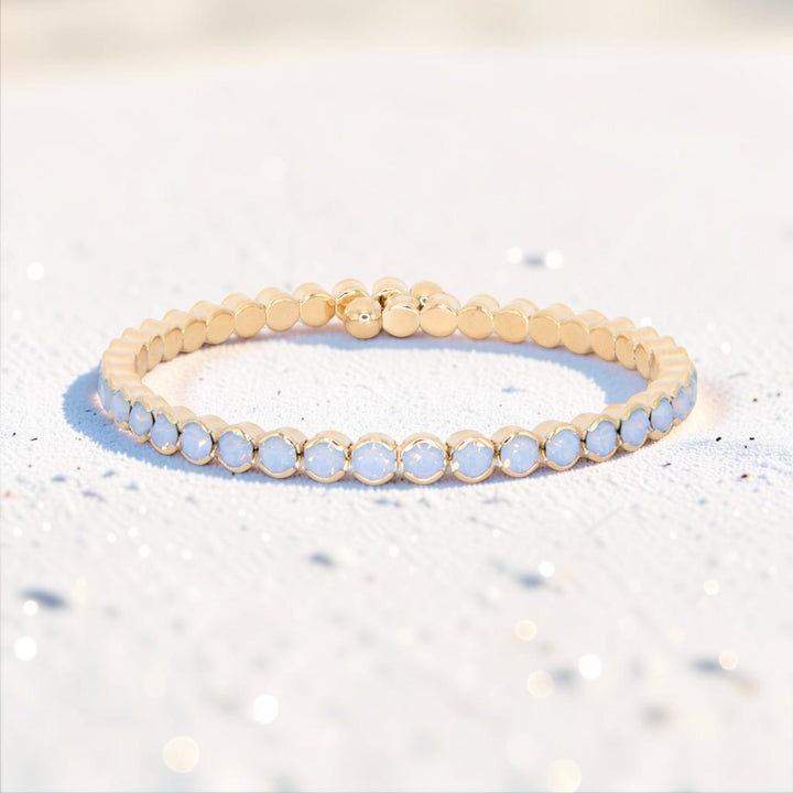 Blue Opal Statement Crystal Bangle Bracelet on sand, periwinkle blue crystal jewelry, Sugar Bean Jewelry