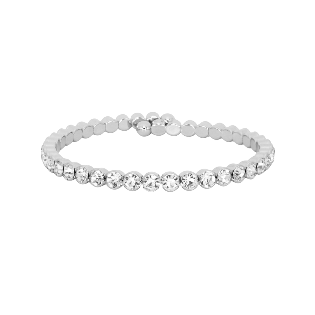 Statement Crystal Bangle Bracelet in silver on white background, clear Austrian crystal, Sugar Bean Jewelry