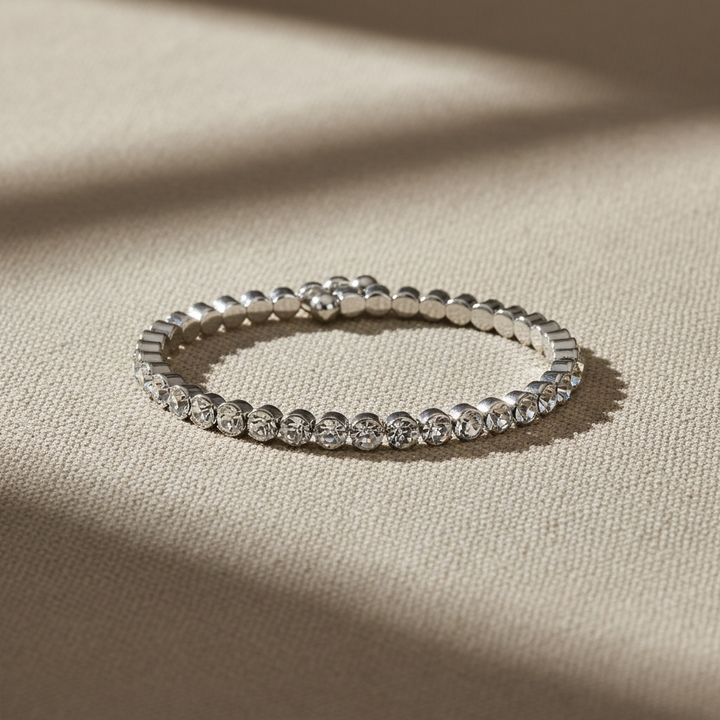 Statement Crystal Bangle Bracelet in silver styled on natural linen, Sugar Bean Jewelry