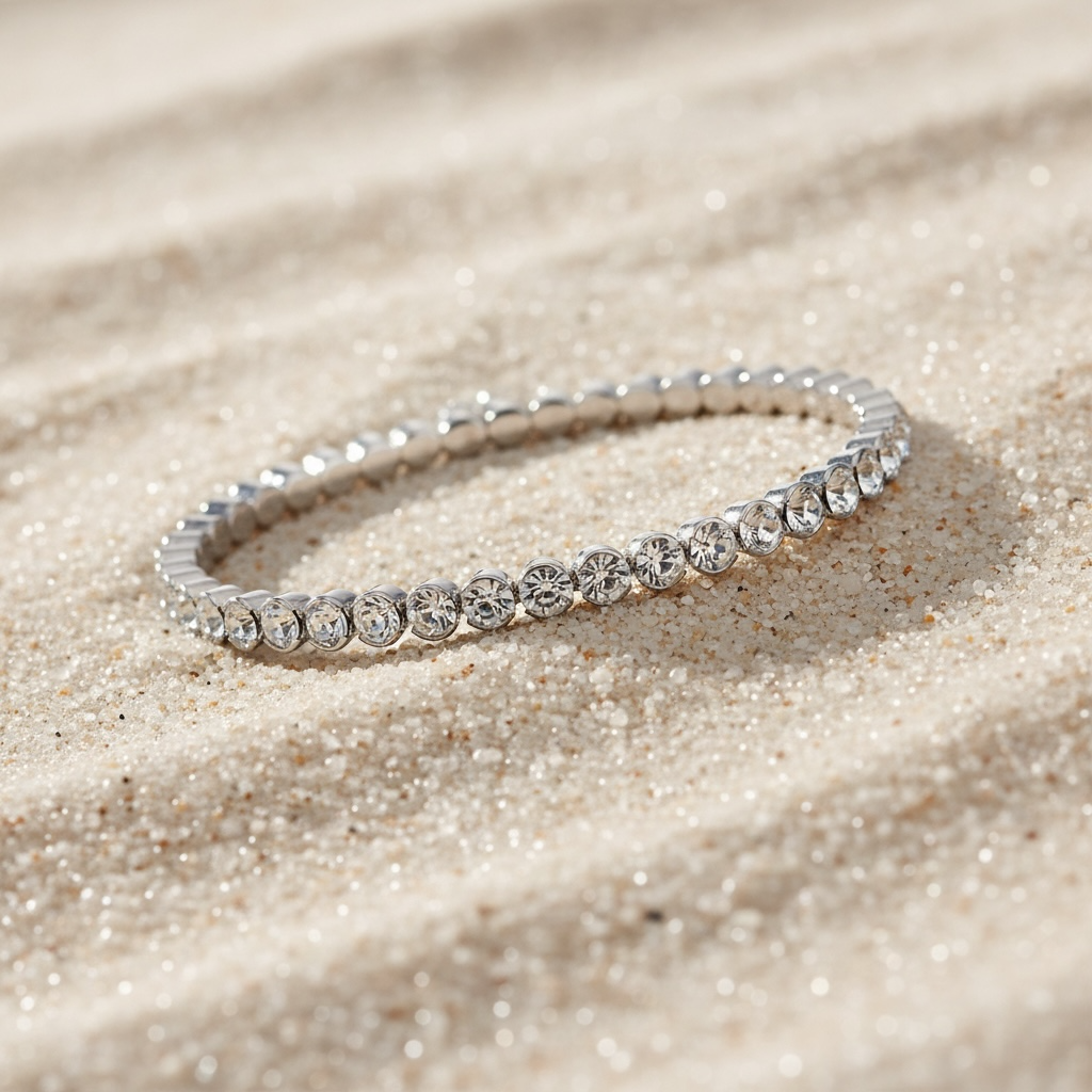Statement Crystal Bangle Bracelet in silver on sand, Sugar Bean Jewelry