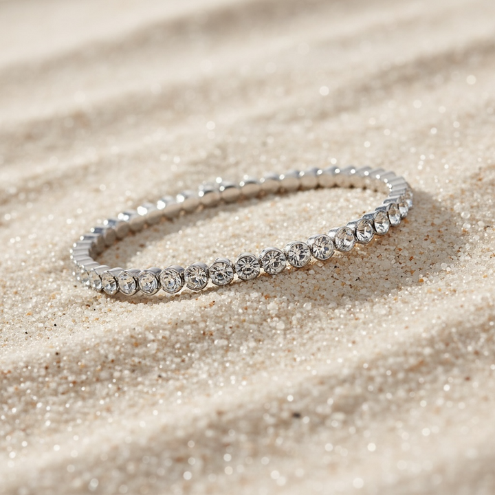 Statement Crystal Bangle Bracelet in silver on sand, Sugar Bean Jewelry