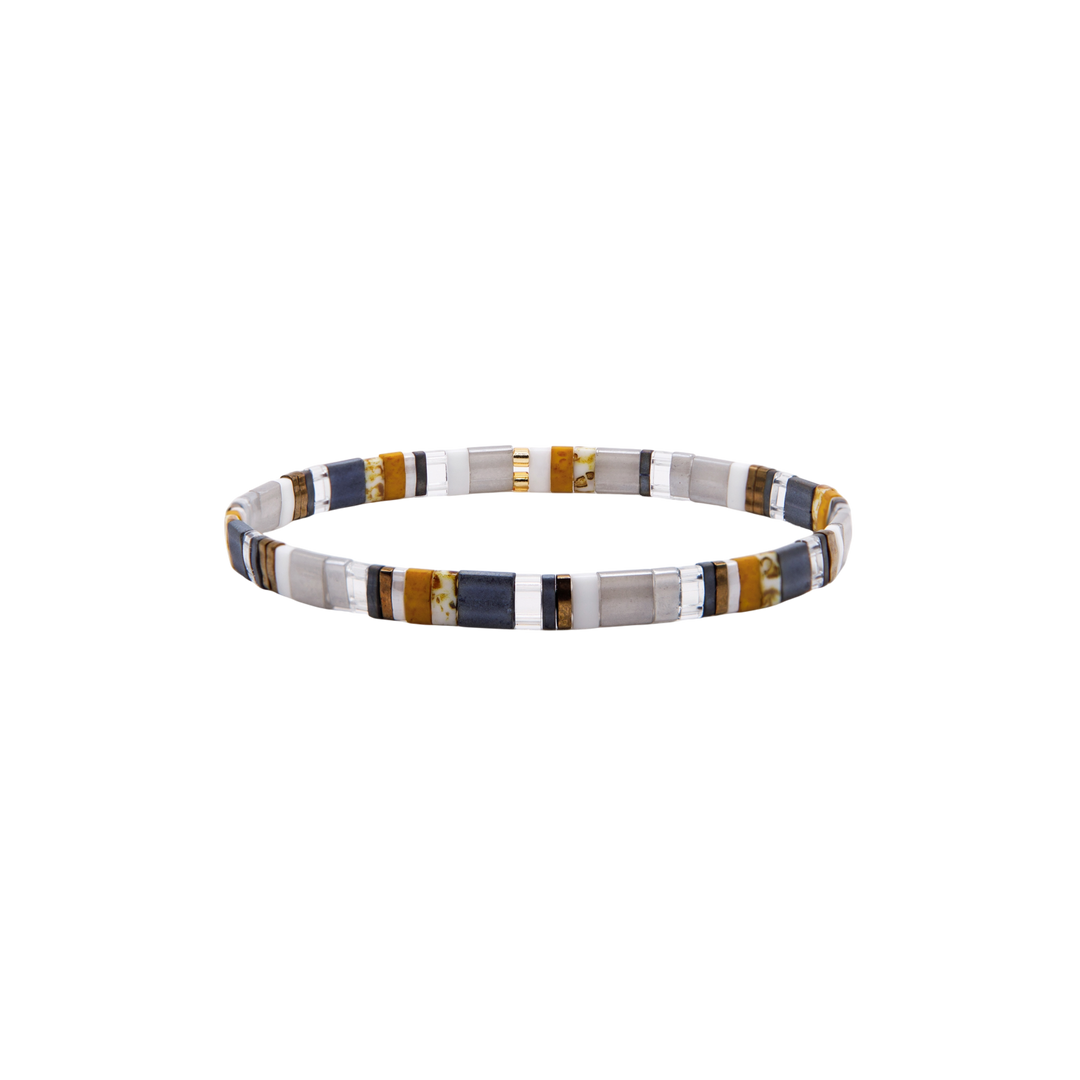 Storm Cloud Tila Bracelet – gunmetal gray, mustard, and crystal Miyuki glass bead stretch bracelet – Sugar Bean Jewelry