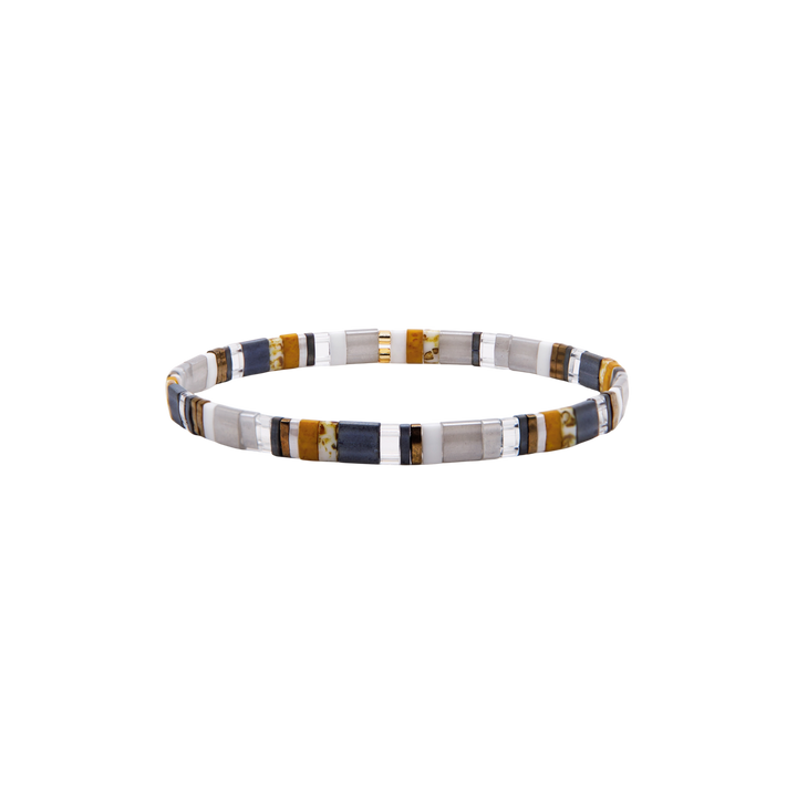 Storm Cloud Tila Bracelet – gunmetal gray, mustard, and crystal Miyuki glass bead stretch bracelet – Sugar Bean Jewelry
