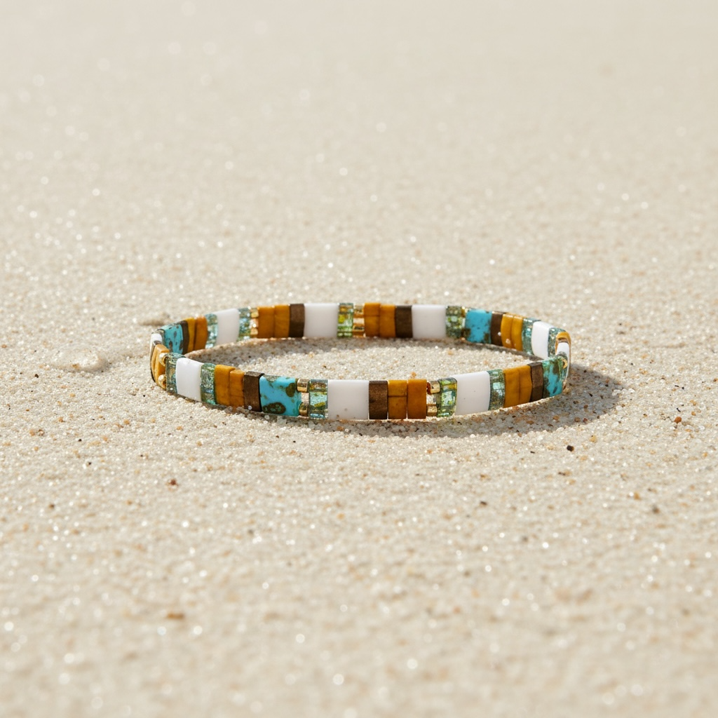 Terrain Tila Bracelet styled on sand – Sugar Bean Jewelry