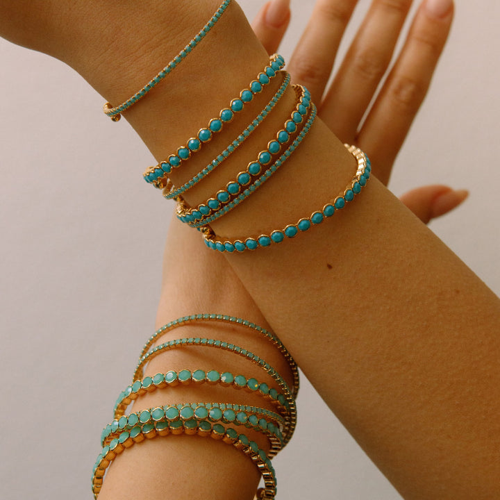 Turquoise gold classic crystal bangle bracelet close up – Sugar Bean Jewelry