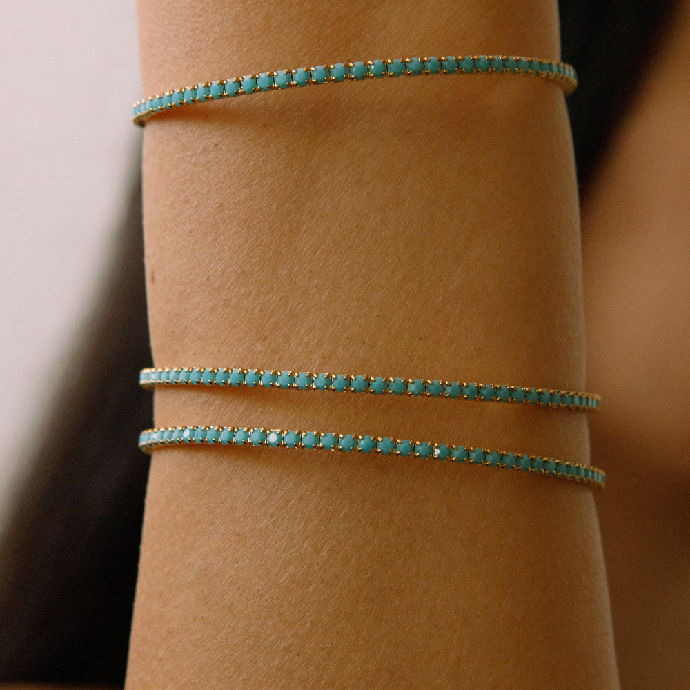 Turquoise gold classic crystal bangle bracelet worn on wrist – Sugar Bean Jewelry