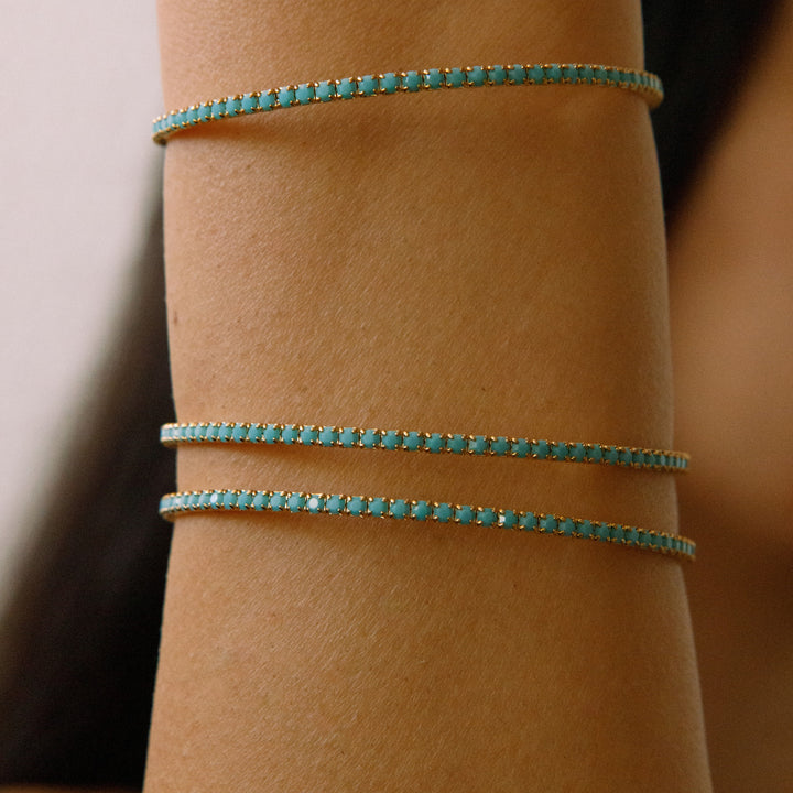 Turquoise gold classic crystal bangle bracelet worn on wrist – Sugar Bean Jewelry