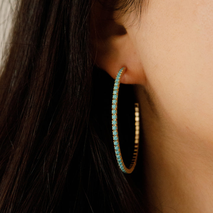 Turquoise gold crystal hoop earrings close up – Sugar Bean Jewelry