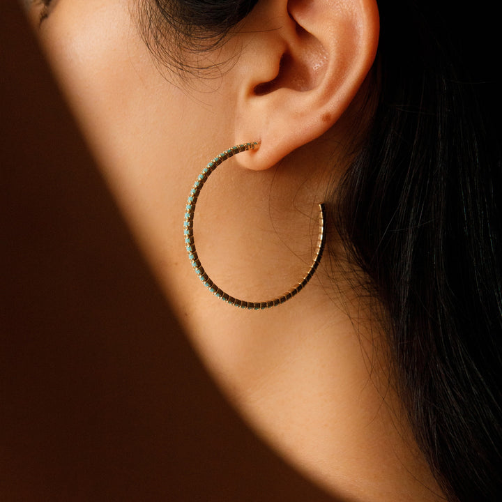 Turquoise gold crystal hoop earrings detail – Sugar Bean Jewelry