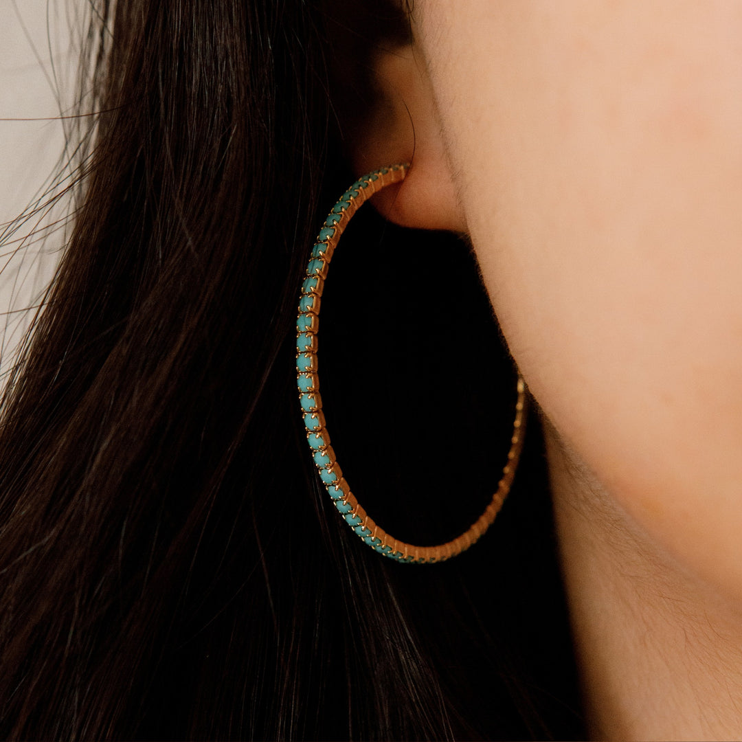 Turquoise gold crystal hoop earrings side profile – Sugar Bean Jewelry