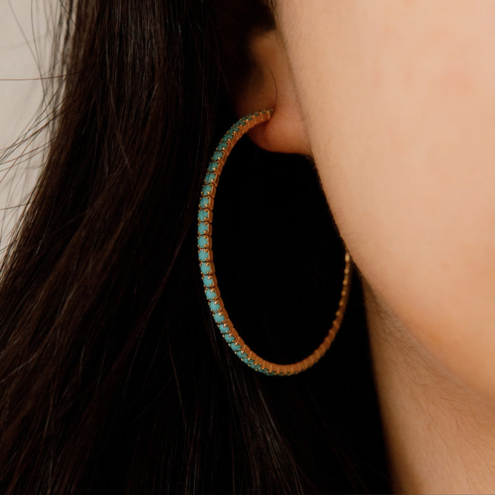 Turquoise gold crystal hoop earrings side profile – Sugar Bean Jewelry
