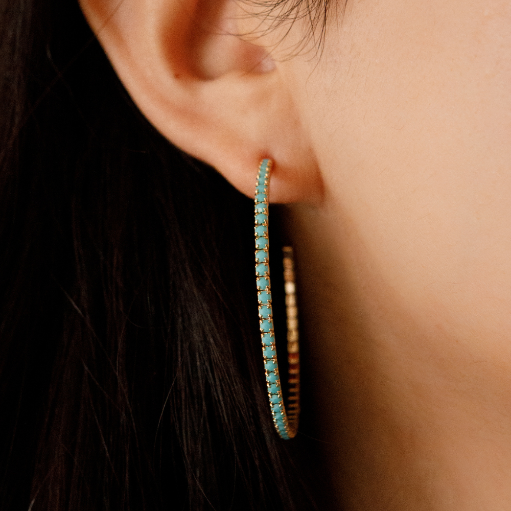 Turquoise gold crystal hoop earrings worn – Sugar Bean Jewelry