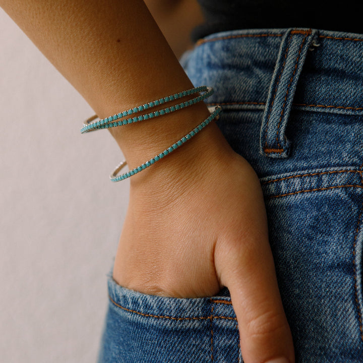 Turquoise silver classic crystal bangle bracelet styled with jeans – Sugar Bean Jewelry