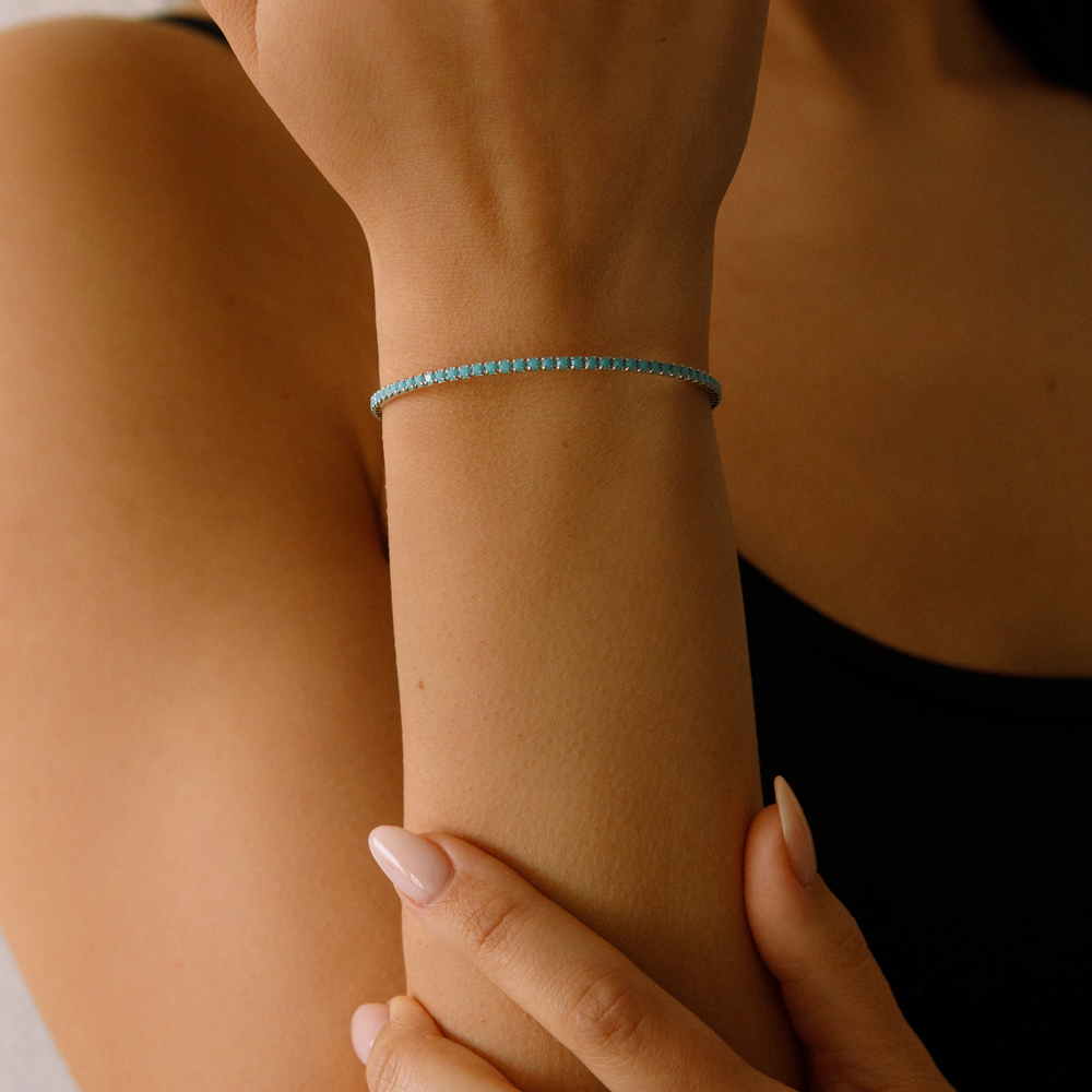 Turquoise silver classic crystal bangle bracelet worn on wrist – Sugar Bean Jewelry