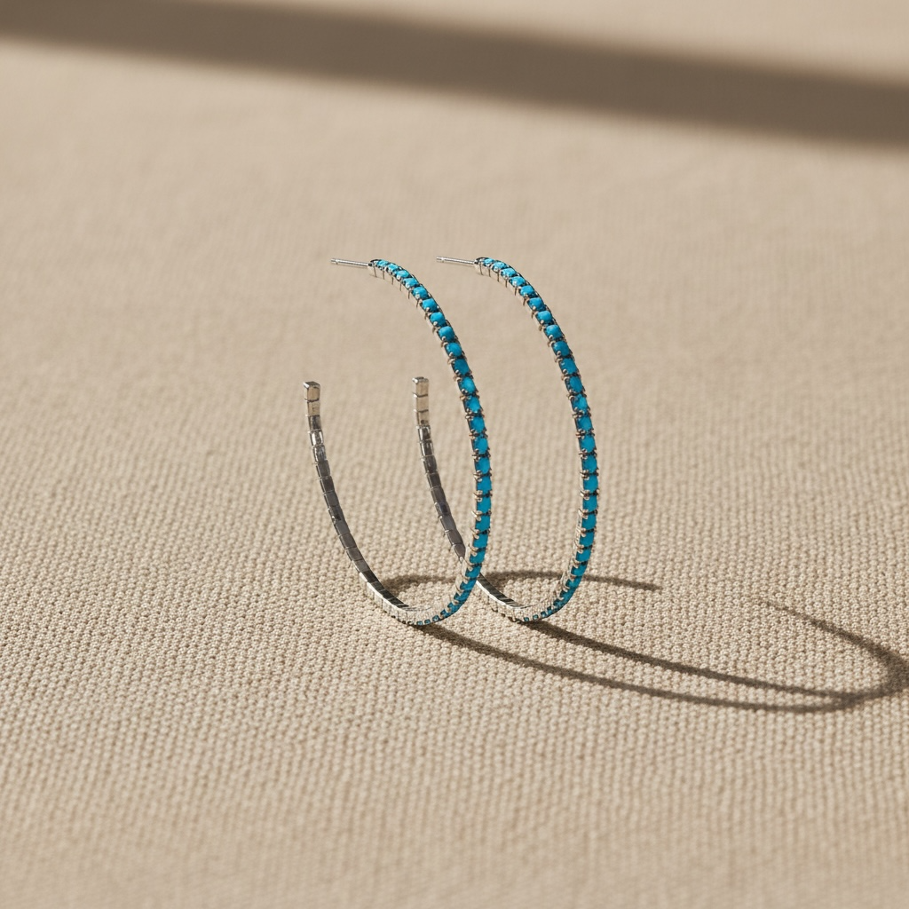 Turquoise silver crystal hoop earrings close up – Sugar Bean Jewelry