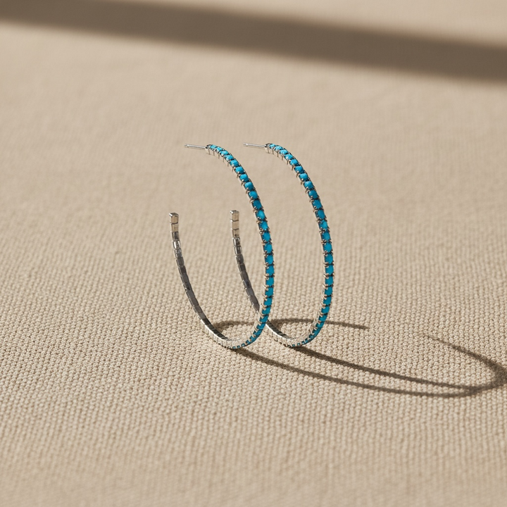 Turquoise silver crystal hoop earrings close up – Sugar Bean Jewelry