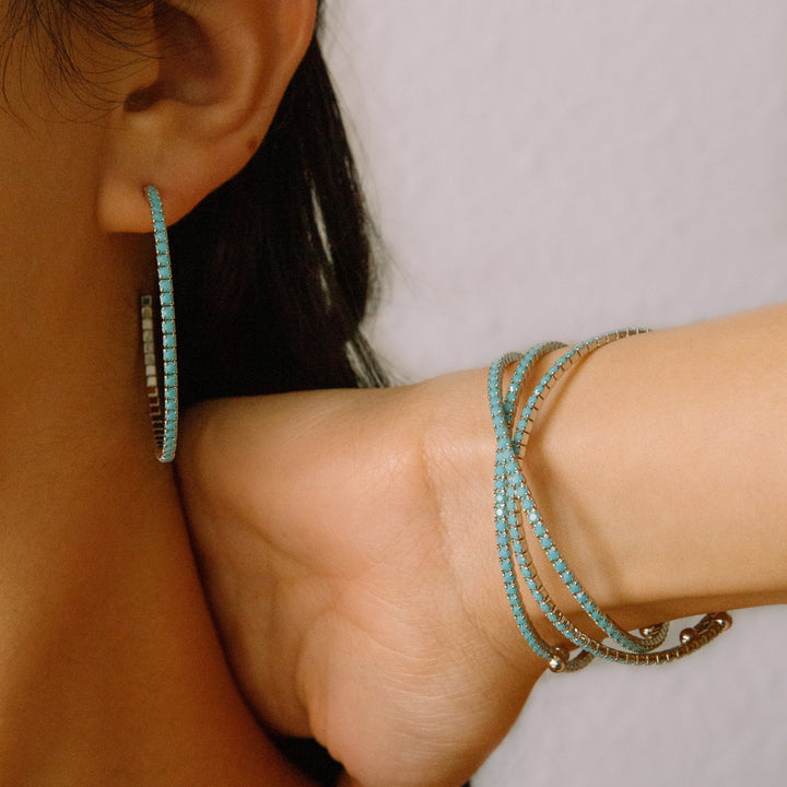 Turquoise silver crystal hoop earrings worn – Sugar Bean Jewelry