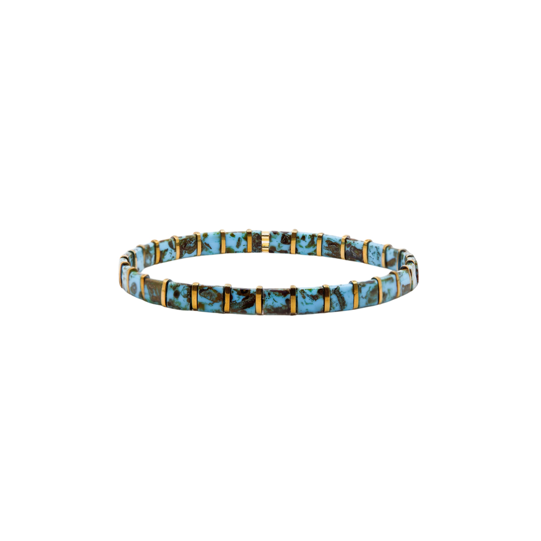 Turquoise Trail Gold Tila Bracelet – turquoise and gold Miyuki glass bead stretch bracelet – Sugar Bean Jewelry