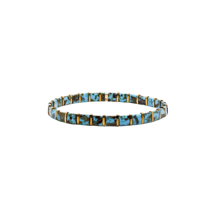 Turquoise Trail Gold Tila Bracelet – turquoise and gold Miyuki glass bead stretch bracelet – Sugar Bean Jewelry
