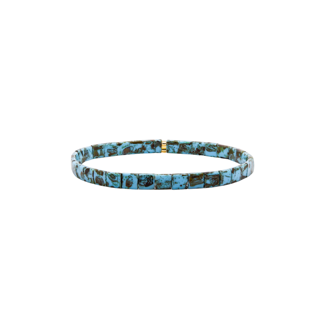 Turquoise Trail Tila Bracelet – turquoise and brown matrix Miyuki glass bead stretch bracelet – Sugar Bean Jewelry