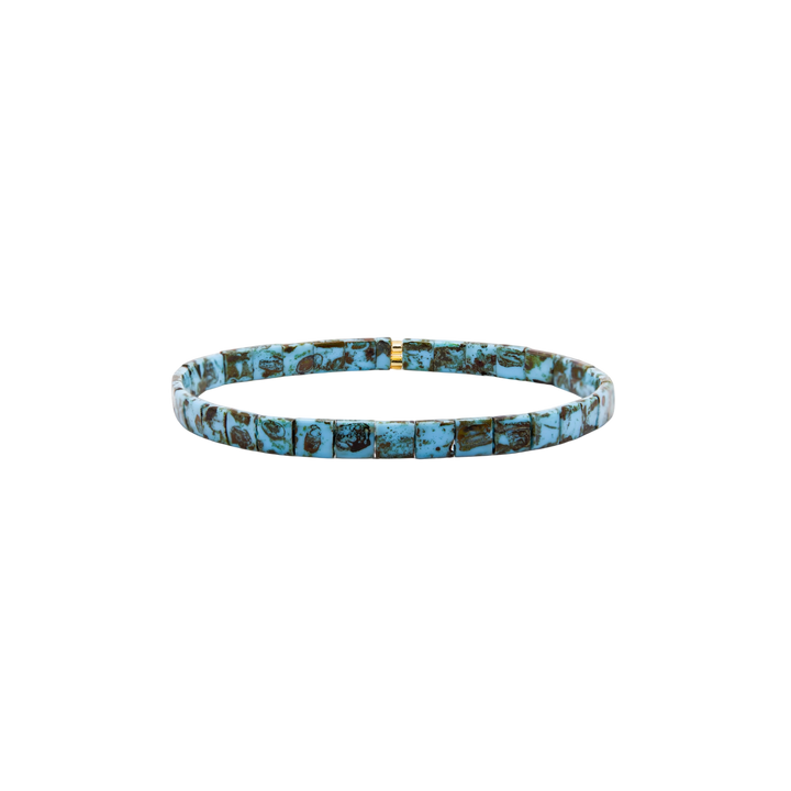 Turquoise Trail Gold Tila Bracelet – turquoise and gold Miyuki glass bead stretch bracelet – Sugar Bean Jewelry