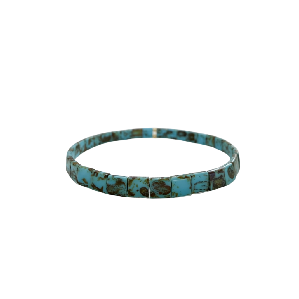 Turquoise Trail Tila Bracelet showing full circle of turquoise and brown matrix Miyuki Tila beads