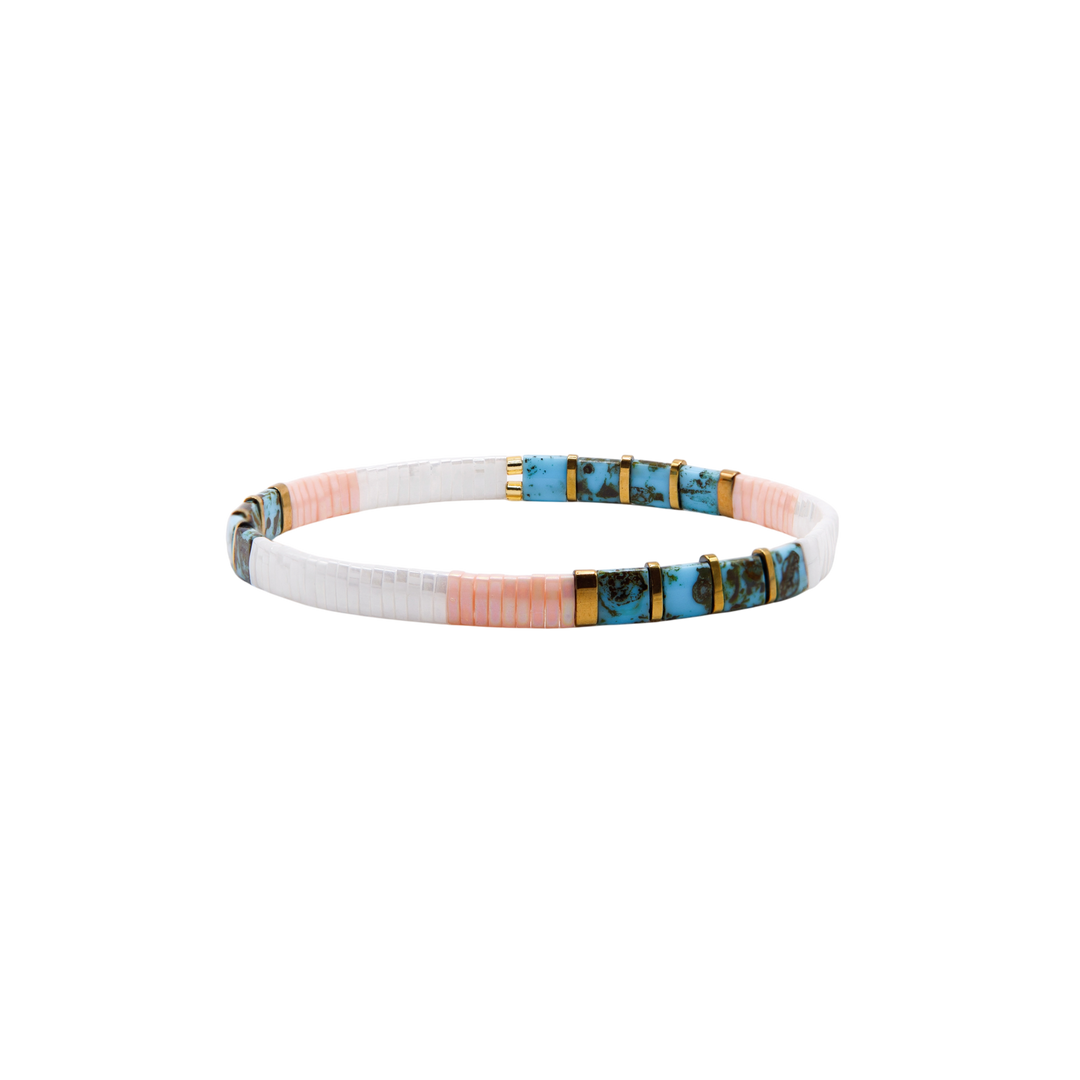 Wanderer Tila Bracelet – teal, blush, white, and gold Miyuki glass bead stretch bracelet – Sugar Bean Jewelry