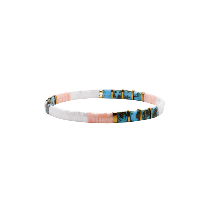 Wanderer Tila Bracelet – teal, blush, white, and gold Miyuki glass bead stretch bracelet – Sugar Bean Jewelry