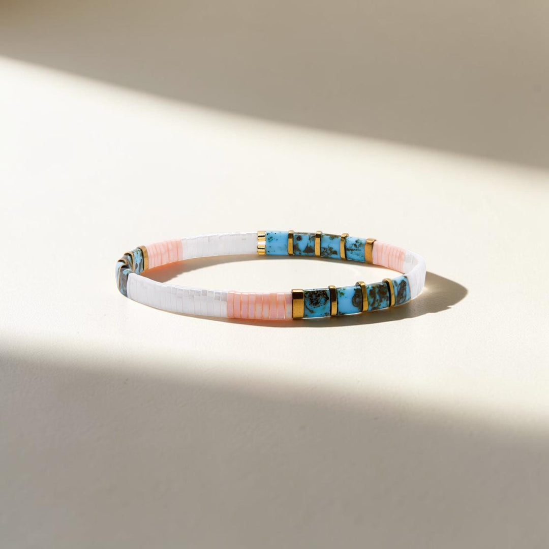 Wanderer Tila Bracelet on neutral background – stackable stretch bracelet – Sugar Bean Jewelry