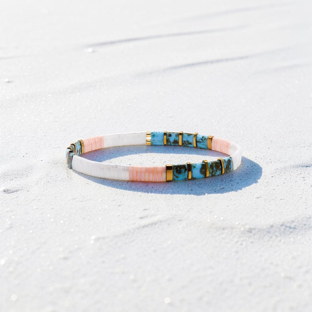 Wanderer Tila Bracelet styled flat – color block Japanese glass bead stretch bracelet – Sugar Bean Jewelry