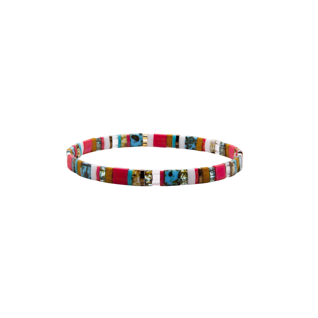 Wanderlust Tila Bracelet – turquoise, raspberry, mustard, and ivory Miyuki glass bead stretch bracelet – Sugar Bean Jewelry