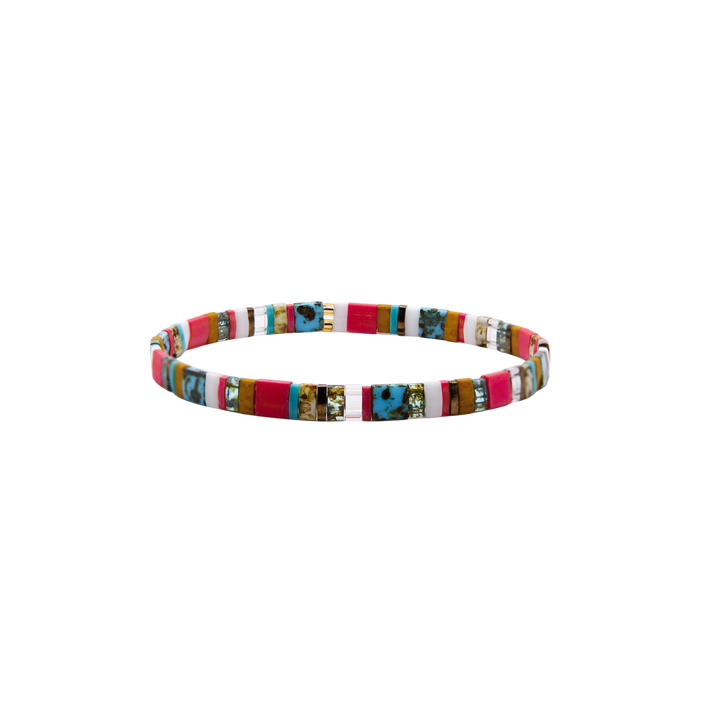 Wanderlust Tila Bracelet – turquoise, raspberry, mustard, and ivory Miyuki glass bead stretch bracelet – Sugar Bean Jewelry
