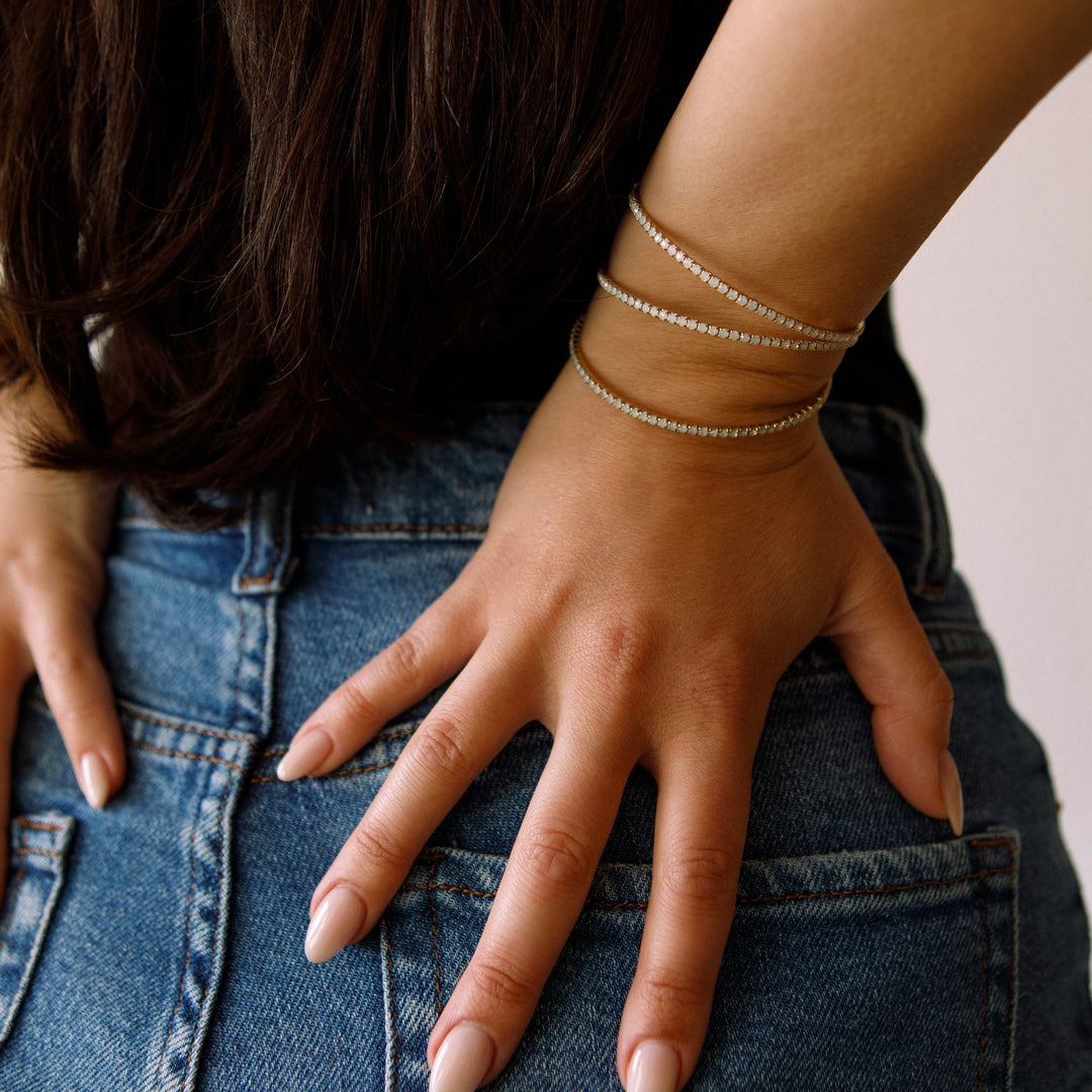 White opal classic crystal bangle bracelet styled with jeans – Sugar Bean Jewelry