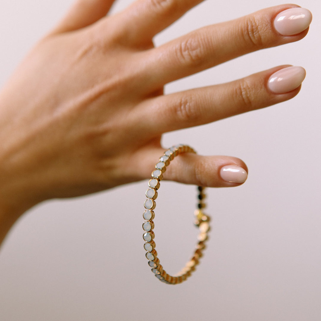 White opal statement crystal bangle bracelet close up – Sugar Bean Jewelry