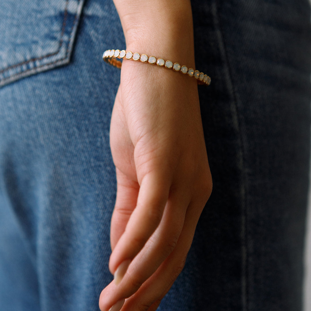 White opal statement crystal bangle bracelet styled with jeans – Sugar Bean Jewelry